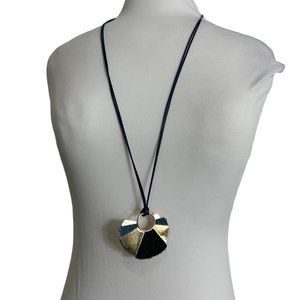 C1946 Corded Pendant Necklace Metal Denim Blue Gold Tone 31-34" Tunic Length